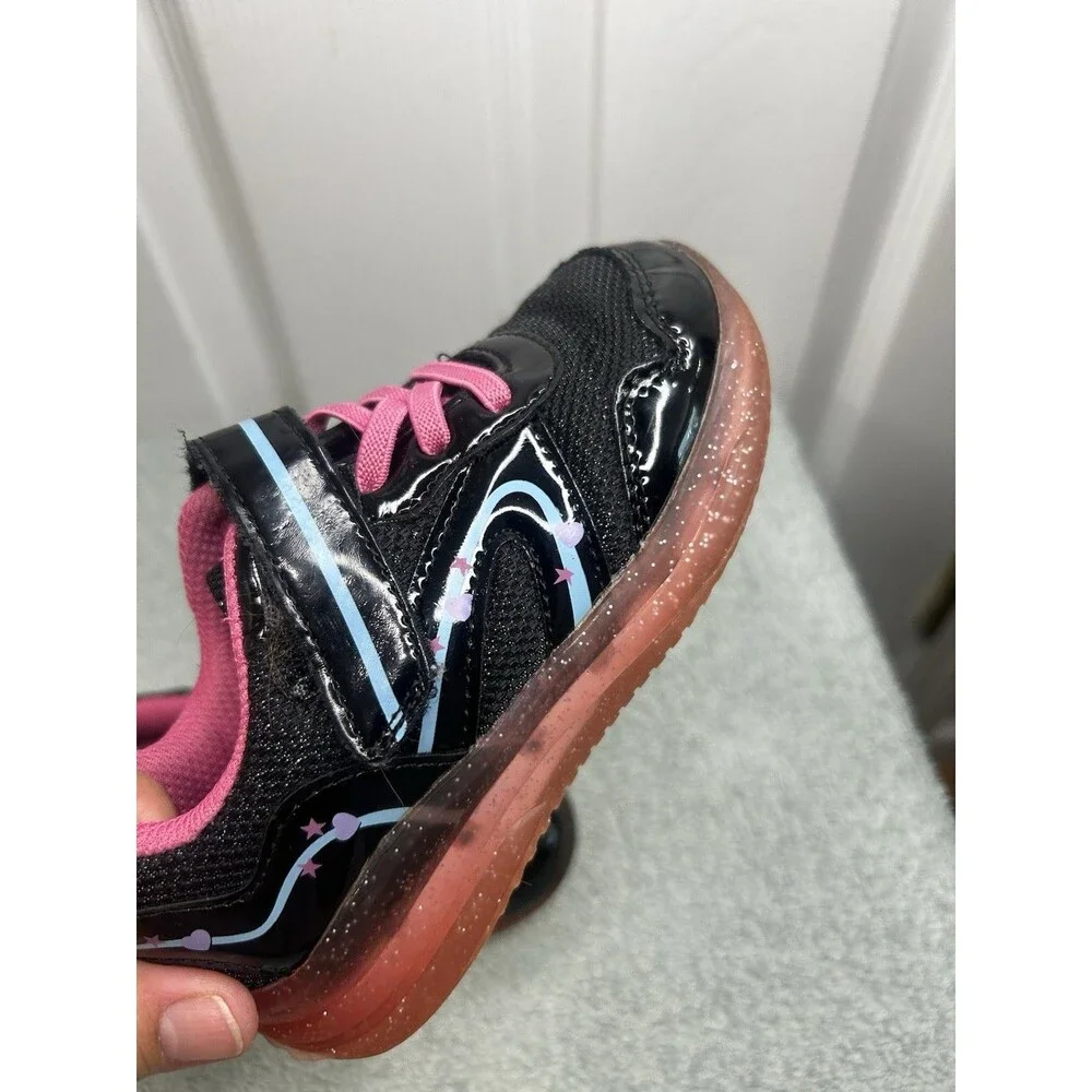 Girls Light-Up Sneakers Black Pink Glitter Sole Hook & Loop Size 9 Toddler